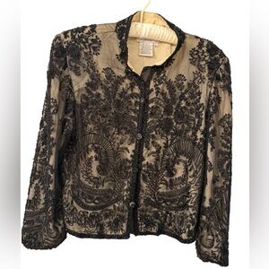 Adrianna Papell Jacket Coat Beaded Cream Silk Evening Jacket Black Sheer Large